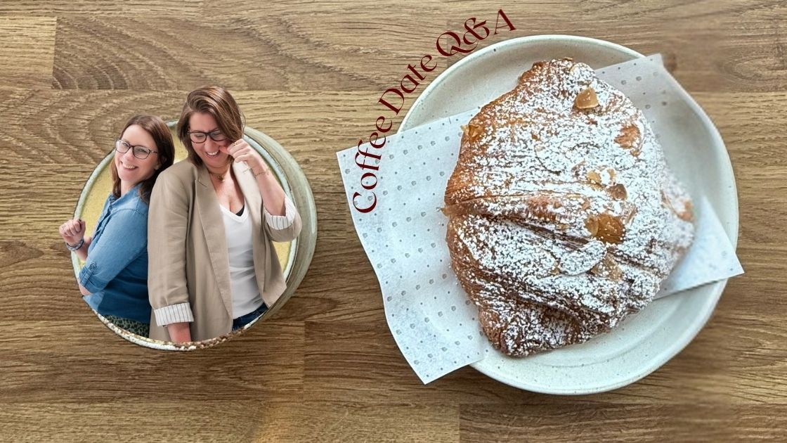 miniature versions of Suz & Nic in a coffee cup next to a giant croissant